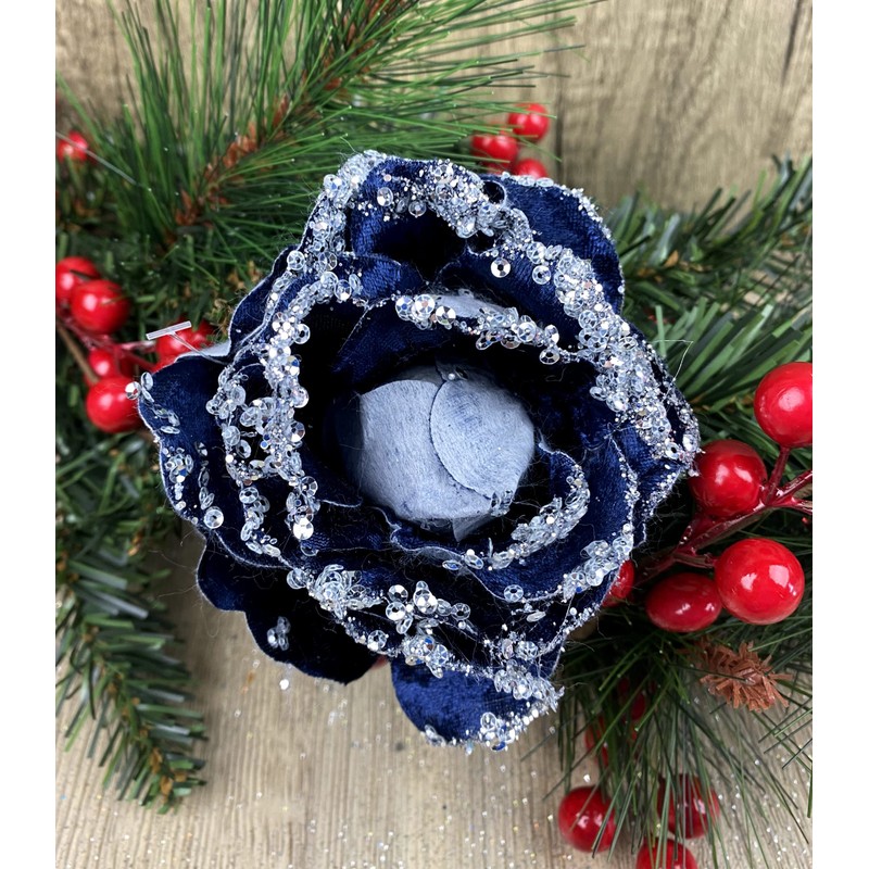 BWG Clip On Midnight/Navy Blue Rose Flower Christmas Tree Decorations