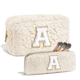 Parima Cosmetic Bag Women Girls Pink Cosmetic Bag Set Travel Cosmetic Bag Makeup Brush Bag Small Makeup Bag with Letters Cosmetic Bag Gifts for Women Teenager Girls Daughter, A-White