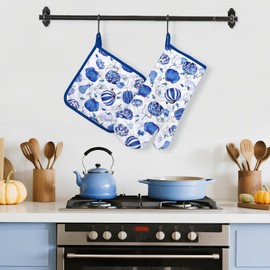 Arquiel Fall Blue Pumpkin Oven Mitts and Pot Holders Sets 2Pcs, 100% Cotton Heat Resistant, Extra Long Oven Gloves Potholder for Kitchen Cooking Baking Decoration