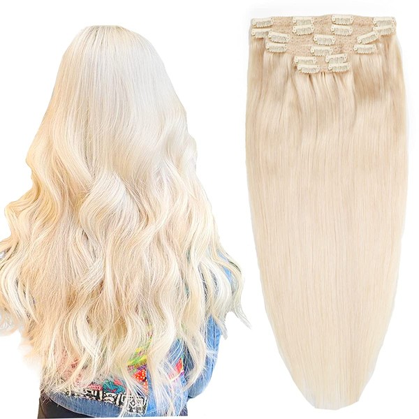VINBAO Clip in Hair Extensions Human Hair For Women Color 60 Platinum Blonde Double Weft Real Remy Human Hair Clip in Human Hair 16 Inch 100 Gram 6 Pcs Clip hair Extensions (#60-16Inch)