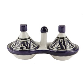 Moroccan Condiment Bowl Tagine, Berber Design Spice Duo (Blue and White)