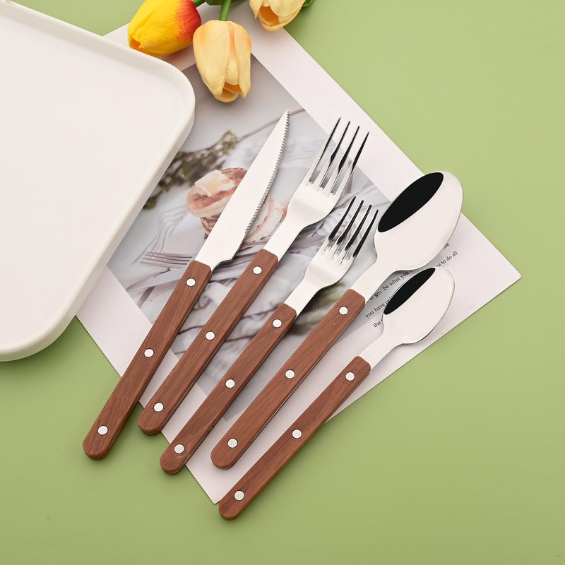 20 Pieces Forged Silverware Set for 4, Stainless Steel Wooden