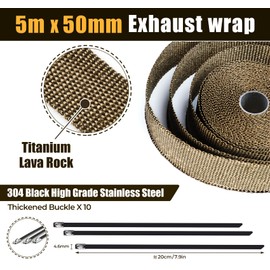 ilauke 5 m x 50 mm Heat Protection Tape, Exhaust, Exhaust Sealing Tape with 10 Stainless Steel Cable Ties, Black - High Temperature Resistant up to 1200°C for Motorcycle, Car, Tractor and More