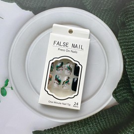 Press on Nails Medium Square, Dark Green Fake Nails with Gold Foil Ink Painting Designs Glossy Acrylic False Nails Summer Green Artificial Stick on Nails for Women Girls Manicure Decorations 24Pcs