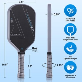 HVLKUB Lightweight Pickleball Paddle Equipment-Raw T700 Carbon Fiber Surface|16mm PP Honeycomb Core|Dual-Handed Grip|1 Paddle for Beginner-Intermediate-Professional Players, Men & Women (Grey Blue)
