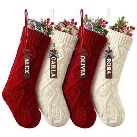 Jodimitty Set of 4 Knitted Christmas Stocking 46 cm Large Santa Stocking with 4 Empty Wooden Name Tags, Hanging Christmas Decoration for Fireplace, Wall, Stairs, Christmas Tree, Family Party