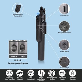 Extendable Auto Face Tracking Tripod Phone Stand, 360° Rotation Phone Tripod Stand with Light Tripod with Wireless Remote Cell Phone Smart Cameraman Shooting for Video, Vlog, Live Stream