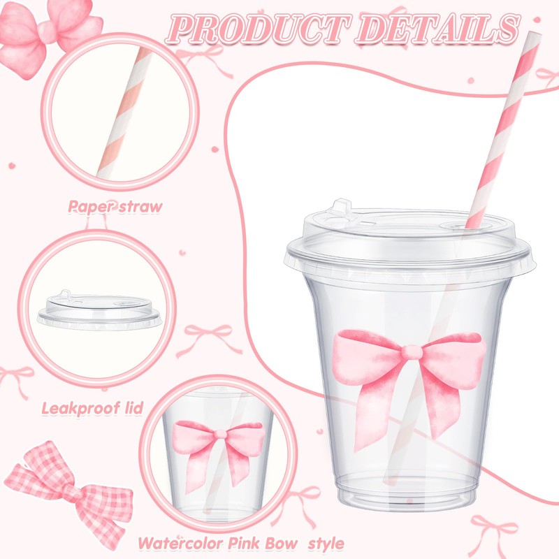 FoldTier 60 Set Plastic Cups Pink Bow Themed 14 oz