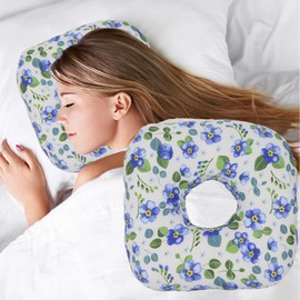 Wuronsa Ear Piercing Pillow for Side Sleepers, Pillow with an Ear Hole for CNH and Ear Pain Ear Inflammation Pressure Sores, O-Shaped Side Sleeping Pillow, Ear Guard Pillow (Blue Flowers)