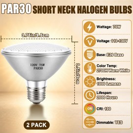 PAR30 Short Neck Halogen Flood Light Bulbs, 2 Pack 120V 75 Watt Light Bulbs, 2700K Warm White, Dimmable, E26 Medium Base, Recessed Light Bulbs Replacement for Track, Accent and Recessed Lighting
