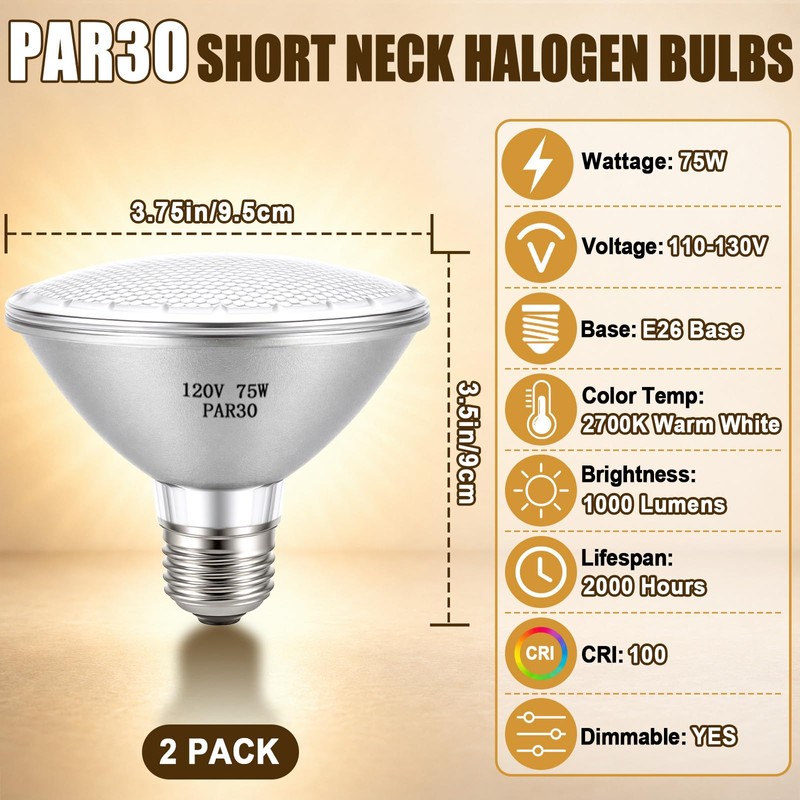 PAR30 Short Neck Halogen Flood Light Bulbs, 2 Pack 120V