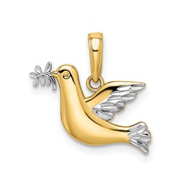 14K Yellow and White Gold Dove and Olive Branch Charm Pendant (NO Chain)