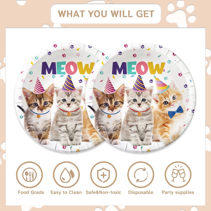 48pcs Cat Party Supplies,Disposable dessert tableware,include 16 Dessert Plate,16 Napkin