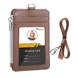 Teskyer ID Card Holder, Name Holder, Genuine Leather, Ruder, Card Case, Five Card Holder, Coin Purse, Coin Case, Zipper, Neck Strap, Pass Case, Employee ID Period, Vertical (Dark Brown)