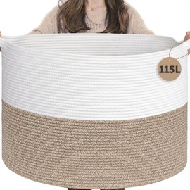 INDRESSME 115L Extra Large Blanket Basket, Soft Cotton Rope Storage Baskets for Organizing Living Room Décor Toy Storage for Kids,Decorative Woven Basket for Laundry & Towels, Light Brown