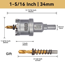 CENYB 1-5/16" (34mm) Tungsten Carbide Tipped Hole Saw with 2Pcs Titanium-Plated Pilot Drill Bits for Metal, Steel, Iron, Wood, Plastic