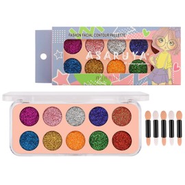 Erinde Glitter Eyeshadow Palette, Large, Glitter, Stage Makeup, Multi-Color, Cosplay, Eyeshadow Brush, 10 Colors, Glitter, Red, Silver, Green, Blue, Pink, Makeup Palette, Stage, Christmas, Children
