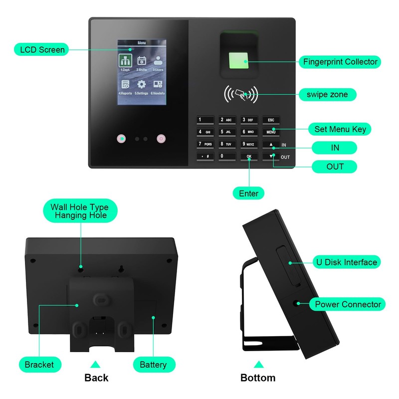 JIAN BOLAND Time Clock-Time Clocks for Employees Small Business-Badges& Fingerprint