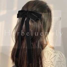 Herbeluemily Velour Ribbon, Hair Accessories, Hair Accessories, Velvet, Clip, Long Double Ribbon, Black