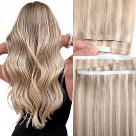 Loxxy Weft Tape in Extensions, Light Brown With Platinum Blonde Rooted Shadow Tape in Hair Extensions Human Hair, 22 Inch 60G, Weft Width 31.5" (80cm)