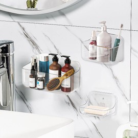 Diesisa 3pc Acrylic Wall Mount Organizer, Adhesive Clear Shower Caddies,Acrylic Soap Basket for wall,No Drilling Hang Walls,with Self Adhesive Tape, for Bathroom, Kitchen, Living Room