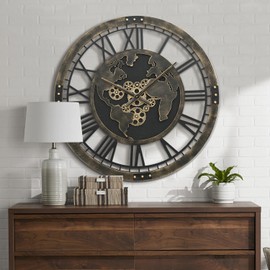 Micasso 27“ Large World Map Wall Clock with Real Moving Gears, Oversized Vintage Wood Frame Non-Ticking Battery Operated Silent Clock for Office,Living Room,Kitchen,Dining Room.