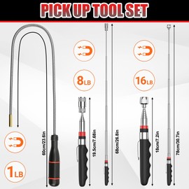 3 Pcs Flexible Magnetic Pick up Tool Set, Includes 1 PCS 1LB Portable Pick Up Tools and 2 PCS 16LB/ 8LB Telescopic Magnetic Tool, Handheld Extendable Gadget for Picking Up Small Part Metal Objects