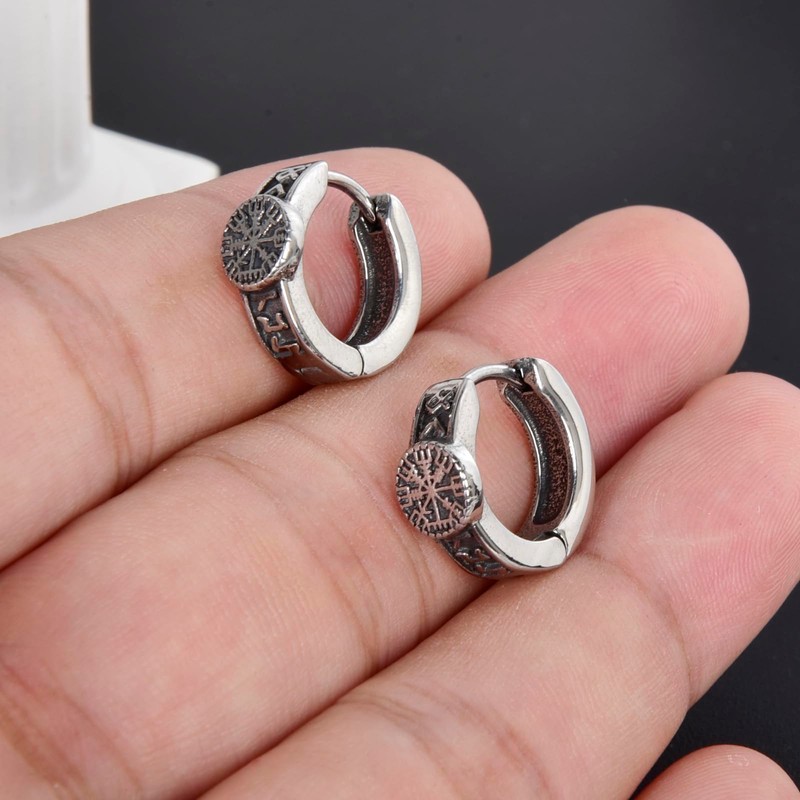 Lantine Stainless Steel Viking Hoop Earrings for Men Engraved Compass
