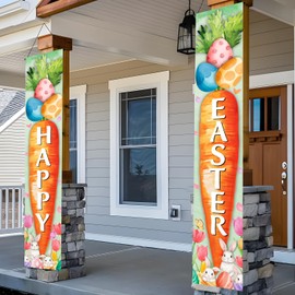 Easter Banner Decorations, 2Pcs Happy Easter Door Decorations for Party, 71x12Inch Tulips Porch Sign Banners for Home Office, Spring Decor for Front Door Sign Wall Hanging