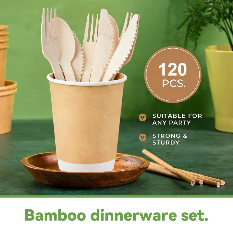 100% Bamboo Cutlery 120 Pack Set Disposable Compostable Utensils With