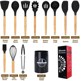 15-Piece Silicone Kitchen Utensil Set with Wooden Handles – Heat Resistant Cooking Tools – Spatula, Spoon, Tongs, Whisk & Holder – Nonstick Cookware Safe – White, Gray, Black (White)