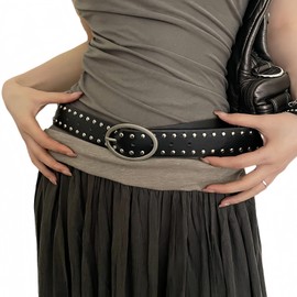 Caviotess Boho Leather Studded Rivets Belt for Women Girls Y2K Pin Buckle Waist Belts Fashion Waistband for Pants Dress