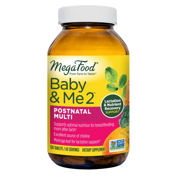 MegaFood Baby & Me 2 Postnatal Multivitamin for Breastfeeding Moms with Folate (Folic Acid Natural Form), Choline, Iodine, Vitamin D, Moringa Leaf and More - 120 Tabs (60 Servings)