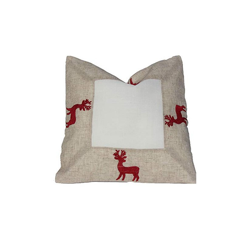 Cushion Cover – Deer – Beige and White Red Embroidered