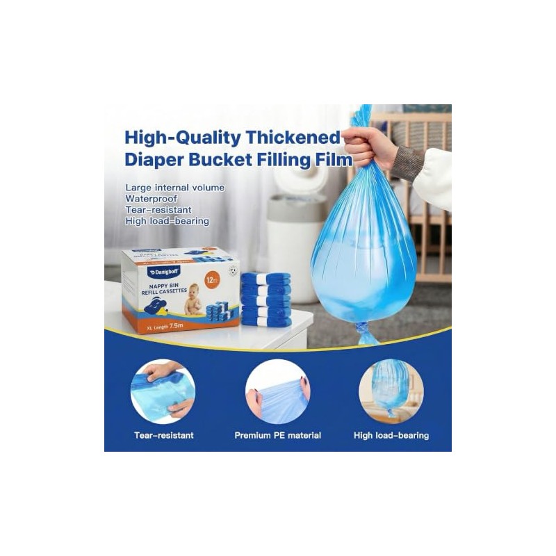 Nappy Bin Refills, 7.5m Extra-Long Diaper Pail Bags Compatible with