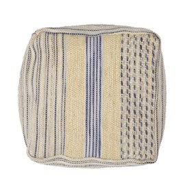 Udorich Western Handcrafted Fabric Pouf with Hemp and Wool, 16x16 Inches, Natural Blue Color