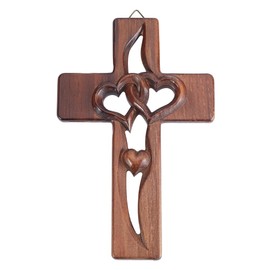 HOBBIESAY 1Pc Heart Carved Cross Wall Decor Coffee Brown Hanging Wall Cross with Heart Cutout Decorative Wooden Intertwined Love Walls Crosses for Home Living Room Bedroom or Entryway