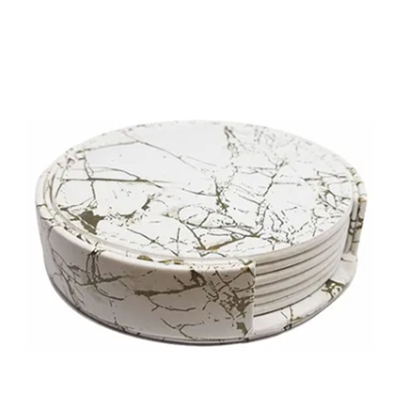 7PCS Drink Coaster Reversible Leather Round Platinum Marble Appearance 10cm