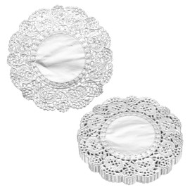sourcing map 200pcs Lace Paper Doilies 3.5 Inch Silver Round Disposable Decorative Paper Placemats Hollow Flower Absorbing Papers for Cakes Desserts Food Decoration Wedding Birthday