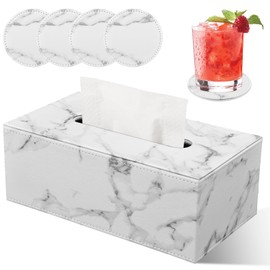 LADSTAG Tissue Box, Tissue Dispenser, Cosmetic Tissues Box Made of PU Leather, Tissue Box, Tissue Cover, Tissue Box, Rectangular 25 x 13.5 x 9.5 cm, Comes with 4 Coasters as a Gift (Marble)
