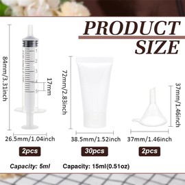 BENECREAT Pack of 30 15 ml Empty Tubes, Plastic Empty Lotion Tubes with 2 Funnels and 2 Needle-less Syringes, Travel Size Container for Shampoo Hand Creams Dividing