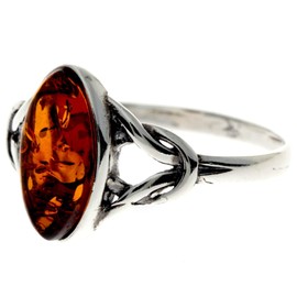 Silver Amber Jewellery - 925 Sterling Silver and Cognac Baltic Amber Celtic Knots Designer Ring - UK Rng Size O - 7503O