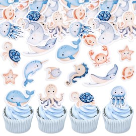 48PCS Edible Ocean Sea Animal Cupcake Topper Glutinous Rice Paper Starfish Octopus Crab Jellyfish Dolphin Starfish Seahorse Baby Shower Birthday Under the Sea Theme Party Decorations