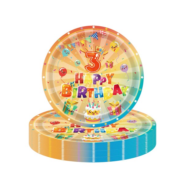16P 3rd Birthday Paper Plates 7",Colourful 3rd Birthday Tableware Party