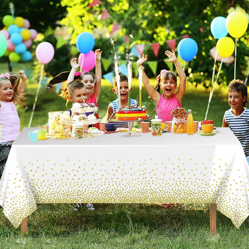 2Pcs White Gold Dot Plastic Disposable Tablecloths, 137 x 274cm