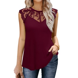 MIHOLL Women's Round Neck Sleeveless Tank Tops Cap Sleeve See Through Sheer Mesh Tee Shirts（Wine red,x-Large）