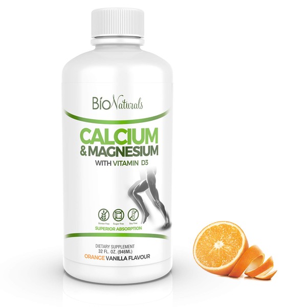Bio Naturals Calcium & Magnesium Liquid Supplement with Vitamin D3 - Natural Formula, FOUR Types of Calcium Supports Strong Bones with Superior Absorption to Pills - 100% Vegetarian - 32 fl oz