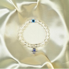 Clear Quartz Crystal Beaded Bracelet with hamsa symbol Healing Crystals & Gemstones Evil Eye Charm Beads Bracelet for Men & Women Birthday Mom Inspirational Gifts for Her 8mm Beads