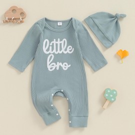 Newborn Baby Boy 2Pcs Outfit Clothes Long Sleeve Bodysuit Little Bro Letter Print Romper Waffle Knit Jumpsuit Hat Fall Winter Clothes (Blue, 3-6 Months)