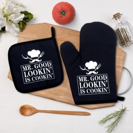 Mr.Good Looking is Cooking,Funny Oven Mitts and Pot Holders Sets of 2,Silicone Non-Slip Oven Mitts,Kitchen Gift for Men,Cooking Baking BBQ Gifts,Housewarming Gifts
